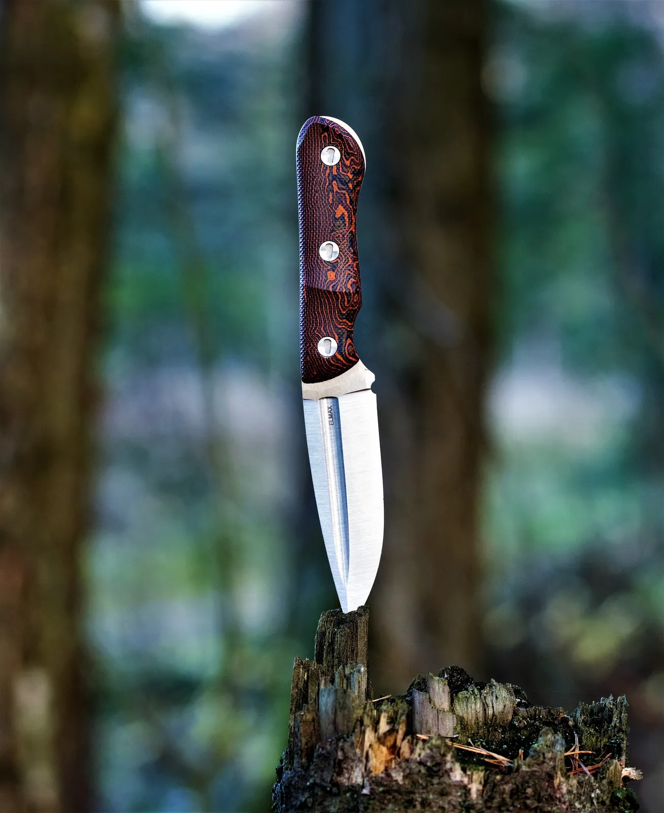 Camping knife resting on a log